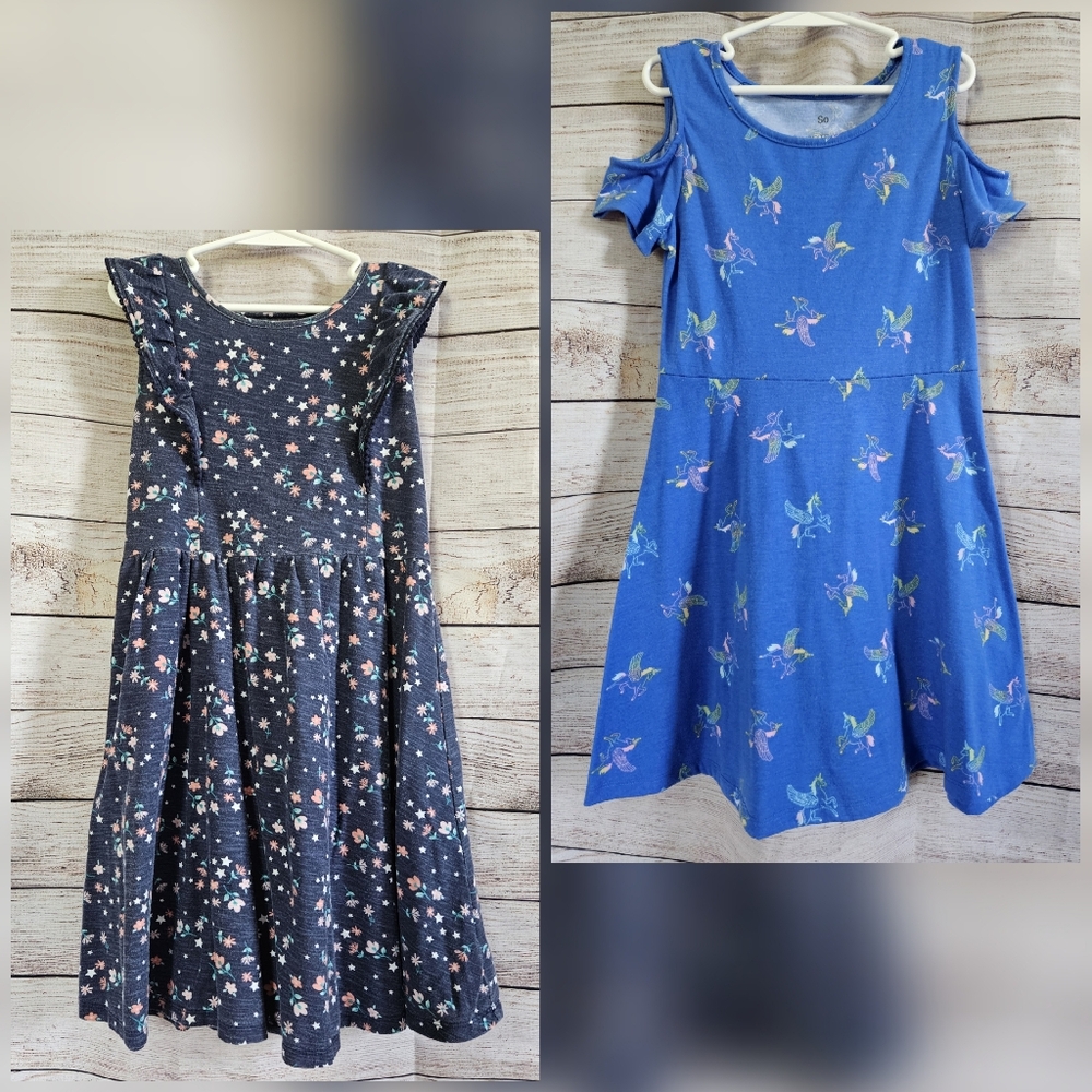 2 Dress bundle size 7-girls. Blue navy stretchy comfortable play GUC sleeveless